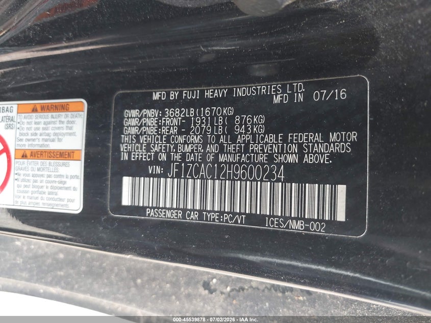 2017 Subaru Brz VIN JF1ZCAC12H9600234 IAAI salvage auction — NORMAL WEAR, Original (Texas), sold $3,425 on 2026-07-22 (photo 9)