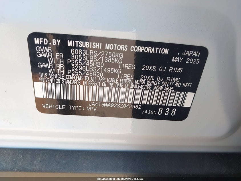 2025 Mitsubishi Outlander VIN JA4T5WA93SZ042962 IAAI salvage auction — FRONT END, Enterprise Vehicles Clear Only (Florida), sold $18,100 on 2026-07-07 (photo 9)