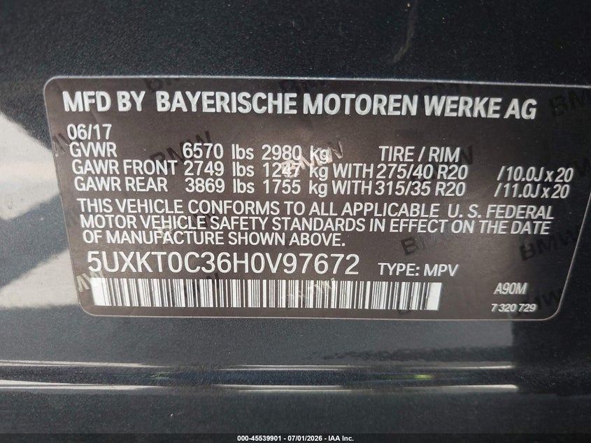 2017 BMW VIN 5UXKT0C36H0V97672 IAAI salvage auction — ELECTRICAL, Salvage Title, sold $5,700 on 2026-07-29 (photo 9)