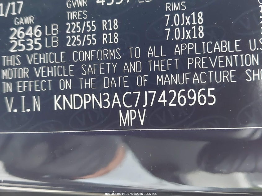 2018 Kia Sportage VIN KNDPN3AC7J7426965 IAAI salvage auction — FRONT END, Salvage (Virginia), sold $2,950 on 2026-07-31 (photo 9)