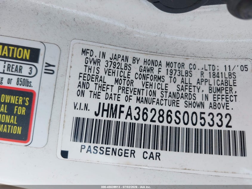 2006 Honda Civic hybrid VIN JHMFA36286S005332 IAAI salvage auction — SIDE, Clear (Virginia), sold $825 on 2026-07-22 (photo 9)
