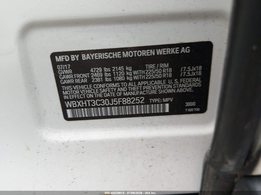 2018 BMW X1 VIN WBXHT3C30J5F88252 IAAI salvage auction — SIDE, Salvage (Pennsylvania), sold $6,300 on 2026-07-15 (photo 9)