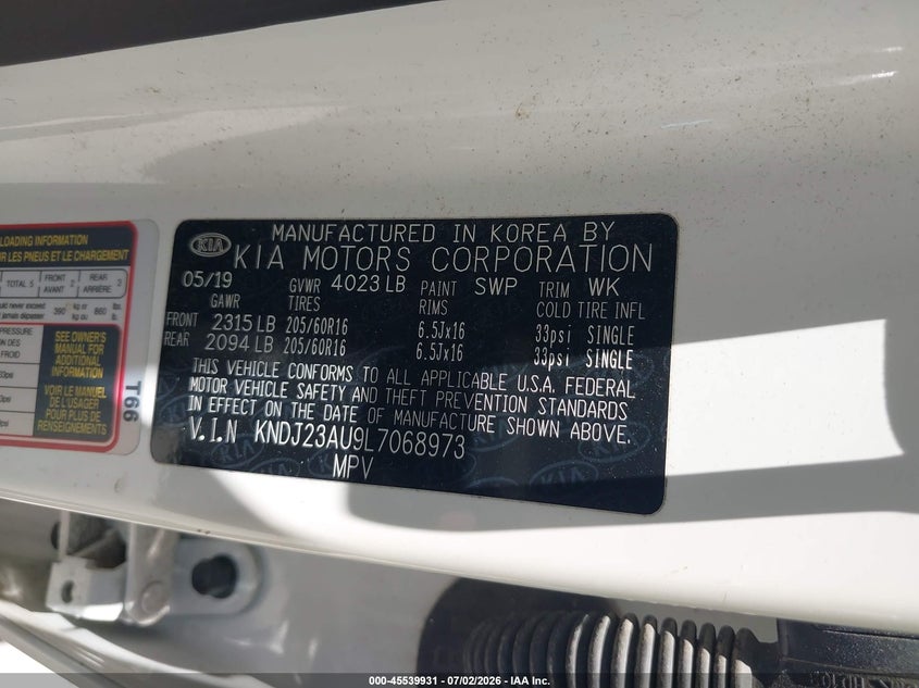 2020 Kia Soul VIN KNDJ23AU9L7068973 IAAI salvage auction — NORMAL WEAR, Original (Texas), sold $1,100 on 2026-07-29 (photo 9)