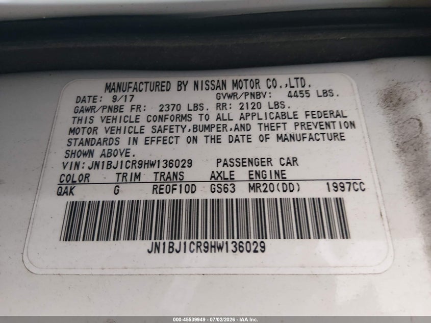 2017 Nissan Rogue VIN JN1BJ1CR9HW136029 IAAI salvage auction — FRONT & REAR, Bill Of Sale (Washington), sold $1,000 on 2026-07-29 (photo 9)