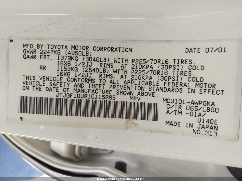 2001 Lexus Rx 300 VIN JTJGF10U810115885 IAAI salvage auction — REAR END, Clear - Dealer Only (California), sold $875 on 2026-07-15 (photo 9)