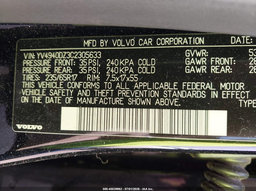 2012 Volvo Xc60 VIN YV4940DZ3C2305633 IAAI salvage auction — NORMAL WEAR, Original (Maine), sold $350 on 2026-07-30 (photo 9)