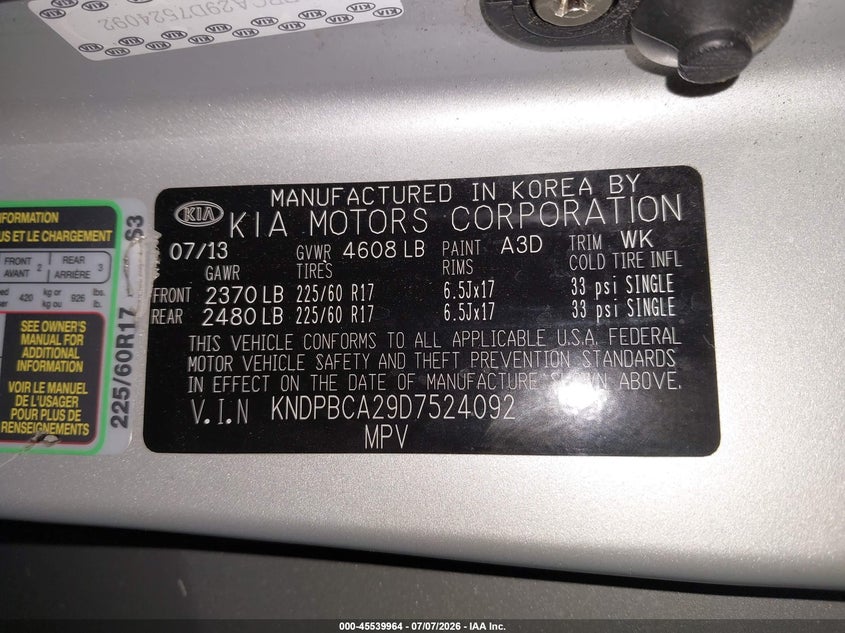 2013 Kia Sportage VIN KNDPBCA29D7524092 IAAI salvage auction — NORMAL WEAR, Clear (Pennsylvania), sold $2,000 on 2026-07-09 (photo 9)