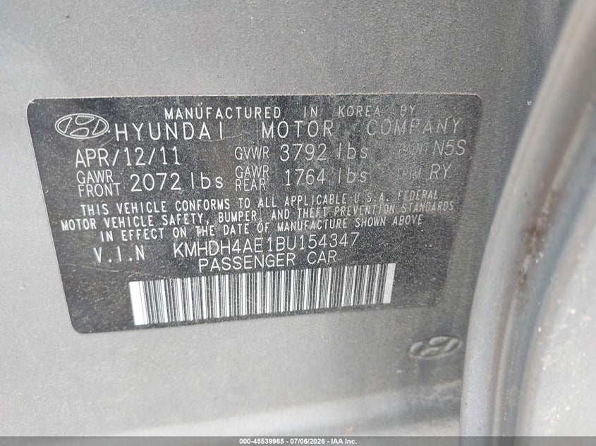 2011 Hyundai Elantra VIN KMHDH4AE1BU154347 IAAI salvage auction — NORMAL WEAR, Clear (Maryland), sold $850 on 2026-07-15 (photo 9)