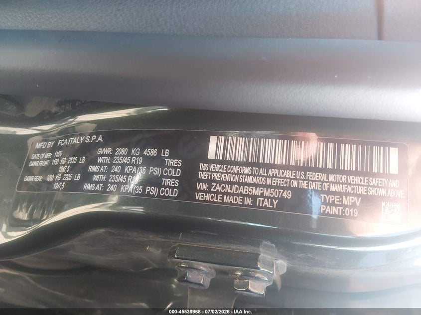 2021 Jeep Renegade VIN ZACNJDAB5MPM50749 IAAI salvage auction — SIDE, Wait Title, sold $2,950 on 2026-08-19 (photo 9)