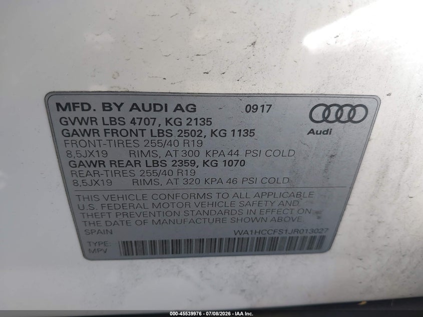 2018 Audi Q3 VIN WA1HCCFS1JR013027 IAAI salvage auction — FRONT END, Salvage Title, sold $3,650 on 2026-07-17 (photo 9)
