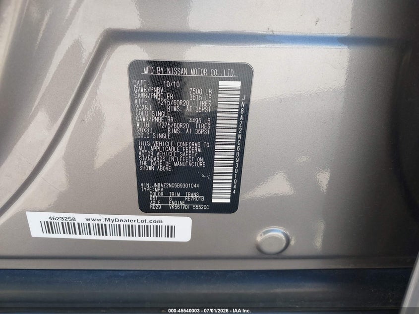 2011 Infiniti Qx56 VIN JN8AZ2NC6B9301044 IAAI salvage auction — NORMAL WEAR, Original (Texas), sold $900 on 2026-07-29 (photo 9)