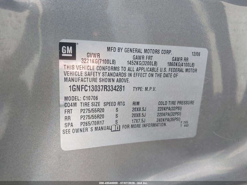 2007 Chevrolet Tahoe VIN 1GNFC13037R334281 IAAI salvage auction — LEFT REAR, Salvage Certificate (California), sold $2,500 on 2026-07-26 (photo 9)