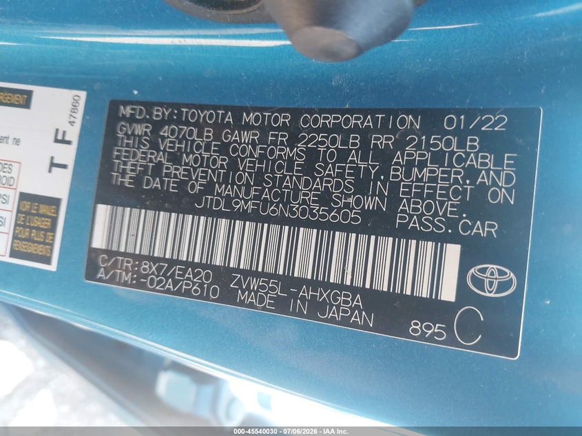 2022 Toyota Prius VIN JTDL9MFU6N3035605 IAAI salvage auction — FRONT END, Salvage Title, sold $1,350 on 2026-07-21 (photo 9)