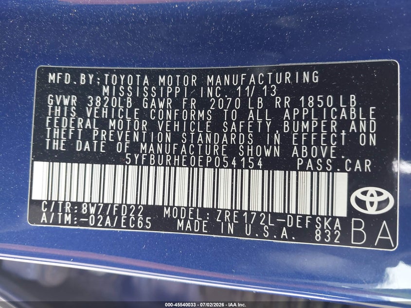 2014 Toyota Corolla VIN 5YFBURHE0EP054154 IAAI salvage auction — NORMAL WEAR, Salvage (Virginia), sold $2,050 on 2026-07-08 (photo 9)
