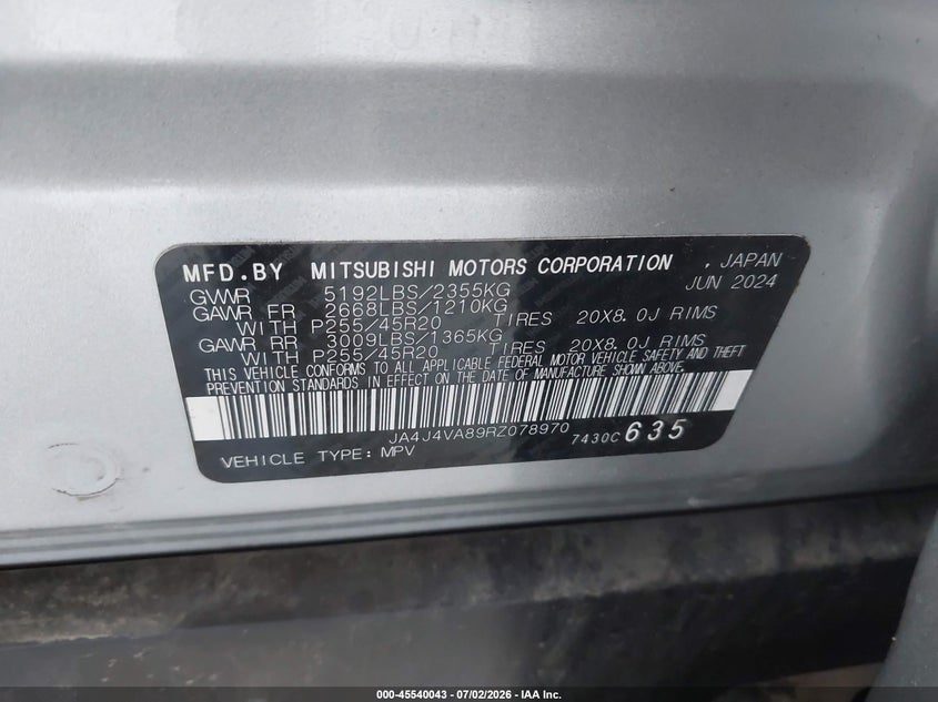 2024 Mitsubishi Outlander VIN JA4J4VA89RZ078970 IAAI salvage auction — ROOF, Enterprise Vehicles Clear Only (Tennessee), sold $15,600 on 2026-07-10 (photo 9)