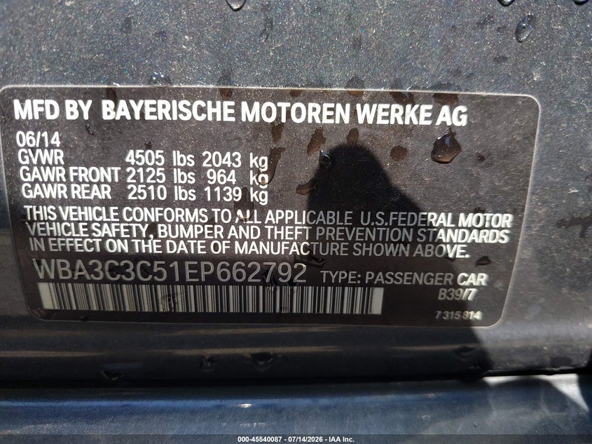 2014 BMW 3er VIN WBA3C3C51EP662792 IAAI salvage auction — FRONT & REAR, Salvage Title, sold $1,100 on 2026-08-19 (photo 9)