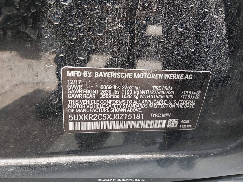 2018 BMW X5 VIN 5UXKR2C5XJ0Z15181 IAAI salvage auction — FRONT END, Salvage (Texas), sold $3,200 on 2026-08-30 (photo 9)