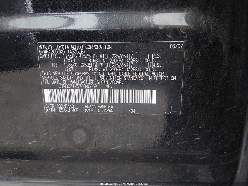2007 Toyota Rav4 VIN JTMBD31V576040669 IAAI salvage auction — FRONT END, Salvage (Pennsylvania), sold $350 on 2026-07-31 (photo 9)