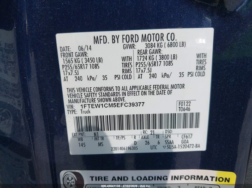 2014 Ford F-150 VIN 1FTEW1CM5EFC39377 IAAI salvage auction — FRONT END, Salvage (Georgia), sold $3,700 on 2026-08-01 (photo 9)
