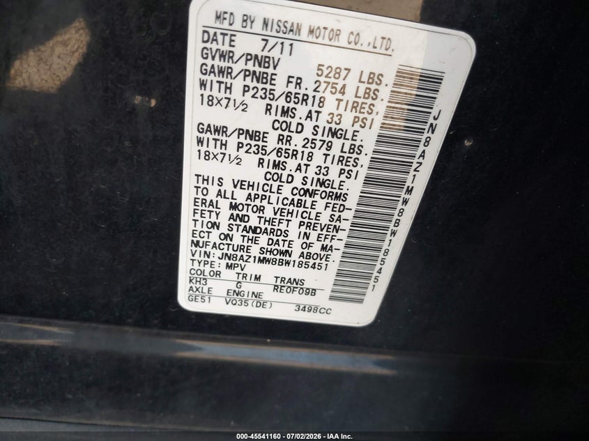 2011 Nissan Murano VIN JN8AZ1MW8BW185451 IAAI salvage auction — NORMAL WEAR, Clear (Pennsylvania), sold $475 on 2026-07-31 (photo 9)