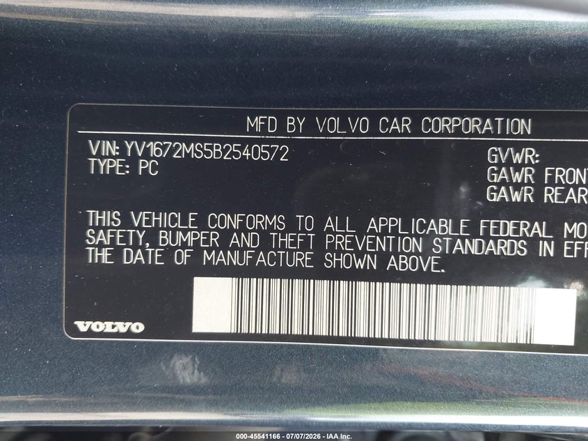 2011 Volvo S40 VIN YV1672MS5B2540572 IAAI salvage auction — REAR END, Salvage (Pennsylvania), sold $500 on 2026-07-22 (photo 9)