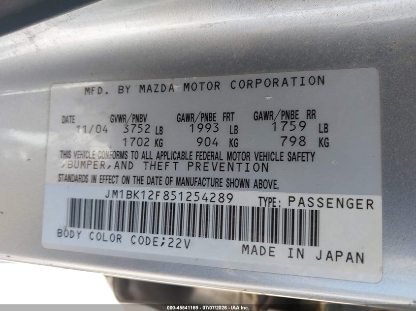 2005 Mazda 3 VIN JM1BK12F851254289 IAAI salvage auction — LEFT FRONT, Salvage (California), sold $25 on 2026-07-23 (photo 9)