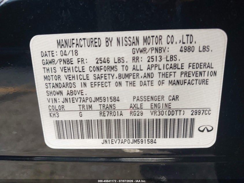 2018 Infiniti Q50 VIN JN1EV7AP0JM591584 IAAI salvage auction — REAR END, Rebuildable (Florida), sold $1,550 on 2026-07-29 (photo 9)