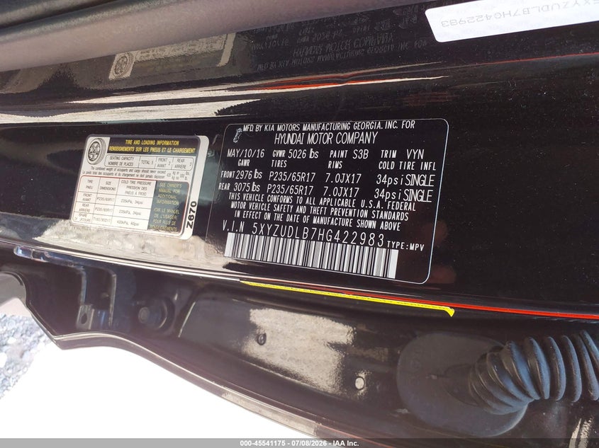 2017 Hyundai Santa fe VIN 5XYZUDLB7HG422983 IAAI salvage auction — NORMAL WEAR, Clear (Illinois), sold $1,850 on 2026-07-11 (photo 9)
