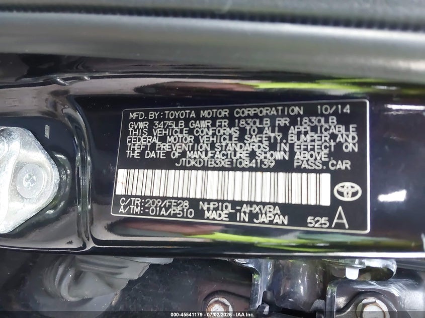 2014 Toyota Prius c VIN JTDKDTB3XE1084139 IAAI salvage auction — REAR END, Rebuildable (Florida), sold $1,075 on 2026-07-29 (photo 9)