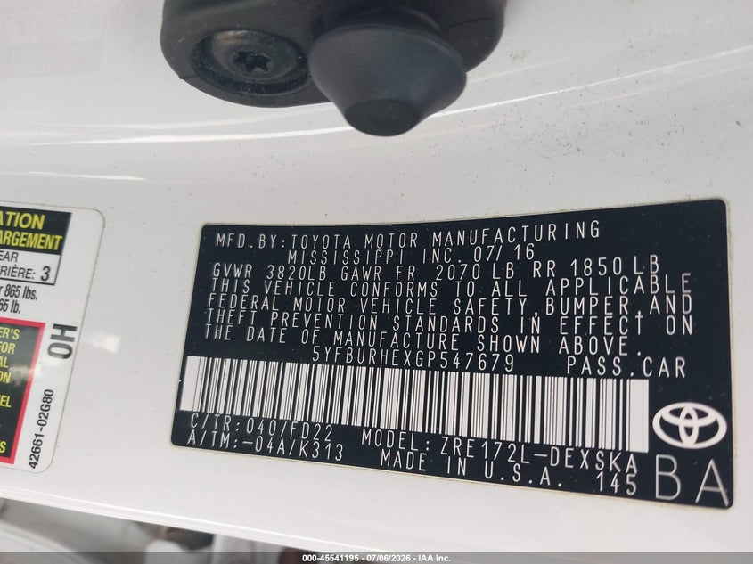 2016 Toyota Corolla VIN 5YFBURHEXGP547679 IAAI salvage auction — HAIL, Salvage (Ohio), sold $3,350 on 2026-07-24 (photo 9)