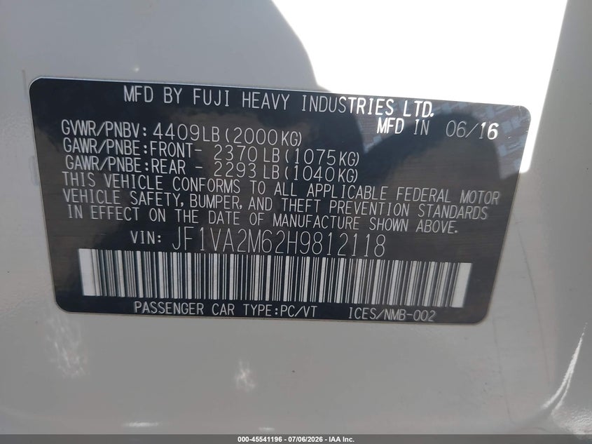2017 Subaru Wrx sti VIN JF1VA2M62H9812118 IAAI salvage auction — FRONT END, Salvage Title, sold $325 on 2026-07-31 (photo 9)