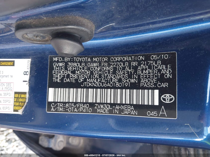 2010 Toyota Prius VIN JTDKN3DU6A0180191 IAAI salvage auction — NORMAL WEAR, Clear (Georgia), sold $700 on 2026-07-30 (photo 9)