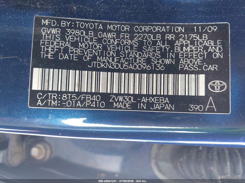 2010 Toyota Prius VIN JTDKN3DU5A0096136 IAAI salvage auction — NORMAL WEAR, Clear-Dealer Only (North Carolina), sold $550 on 2026-07-28 (photo 9)