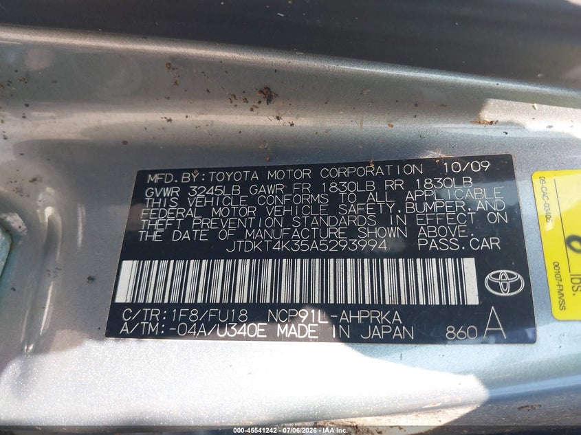 2010 Toyota Yaris VIN JTDKT4K35A5293994 IAAI salvage auction — NORMAL WEAR, Clear (Illinois), sold $325 on 2026-07-15 (photo 9)