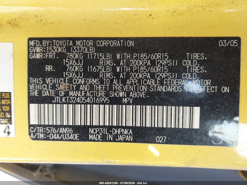 2005 Scion Xb VIN JTLKT324054016995 IAAI salvage auction — NORMAL WEAR, Original (Texas), sold $550 on 2026-07-27 (photo 9)