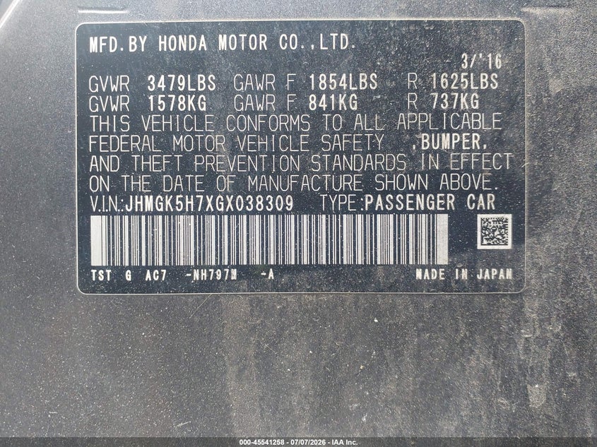 2016 Honda Fit VIN JHMGK5H7XGX038309 IAAI salvage auction — RIGHT FRONT, Clear (New Jersey), sold $2,500 on 2026-07-20 (photo 9)