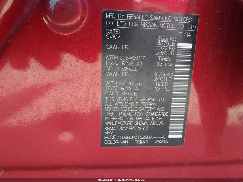 2015 Nissan Rogue VIN KNMAT2MV1FP522617 IAAI salvage auction — REAR END, Salvage Title, sold $400 on 2026-07-17 (photo 9)