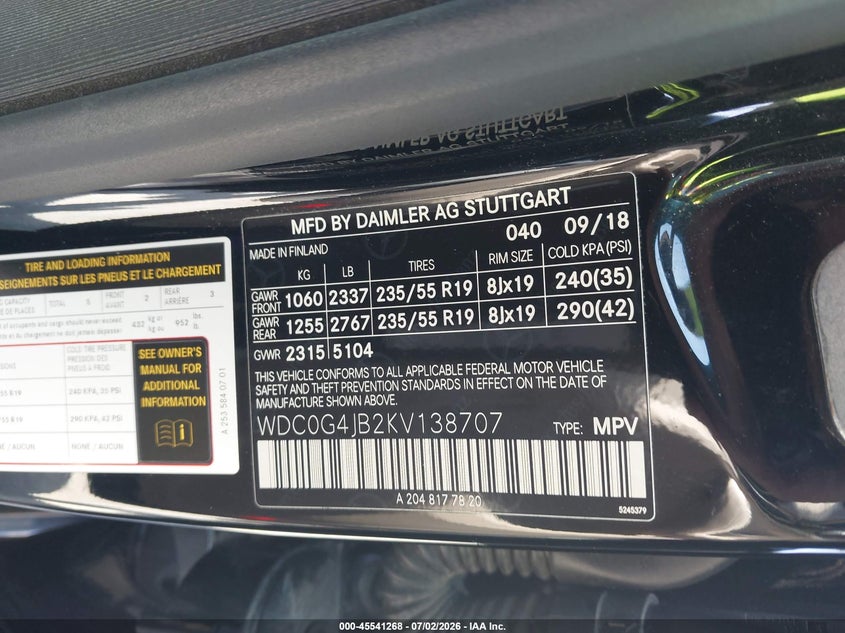 2019 Mercedes-benz Glc class VIN WDC0G4JB2KV138707 IAAI salvage auction — HAIL, Original (Texas), sold $8,050 on 2026-07-14 (photo 9)
