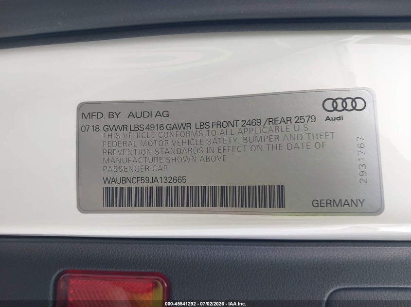 2018 Audi A5 VIN WAUBNCF59JA132665 IAAI salvage auction — FRONT END, Salvage (California), sold $5,900 on 2026-07-29 (photo 9)