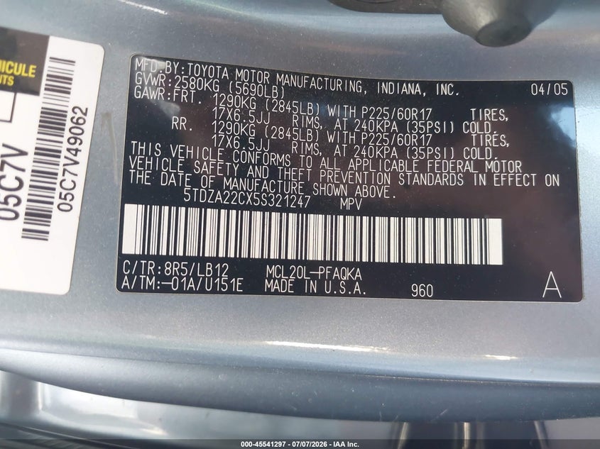 2005 Toyota Sienna VIN 5TDZA22CX5S321247 IAAI salvage auction — FRONT END, Salvage (California), sold $800 on 2026-07-29 (photo 9)
