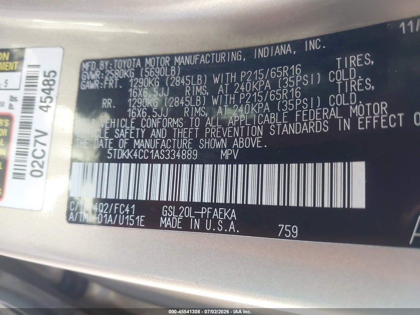 2010 Toyota Sienna VIN 5TDKK4CC1AS334889 IAAI salvage auction — NORMAL WEAR, Clear-Dealer Only (Arizona), sold $550 on 2026-07-28 (photo 9)