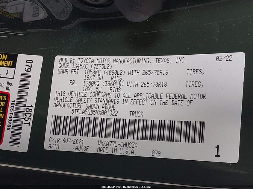2022 Toyota Tundra VIN 5TFLA5GD5NX001322 IAAI salvage auction — FRONT END, Wait Title, sold $7,700 on 2026-08-02 (photo 9)