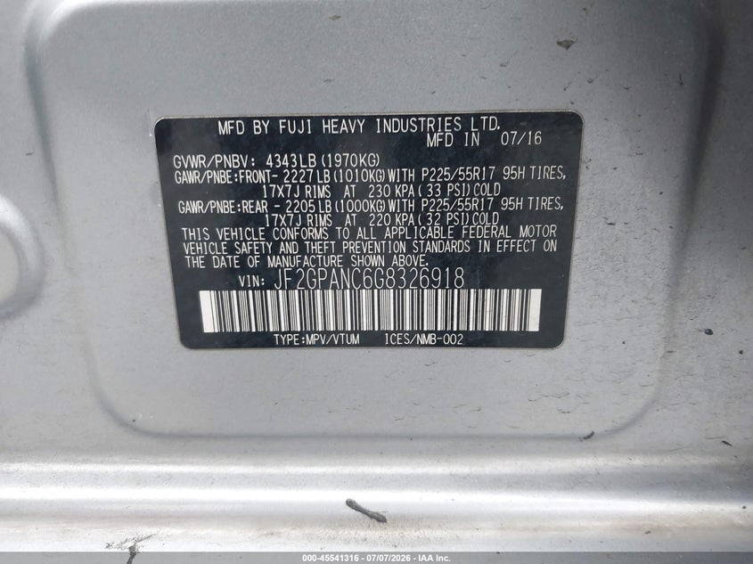 2016 Subaru Xv VIN JF2GPANC6G8326918 IAAI salvage auction — SIDE, Salvage (California), sold $1,150 on 2026-07-29 (photo 9)