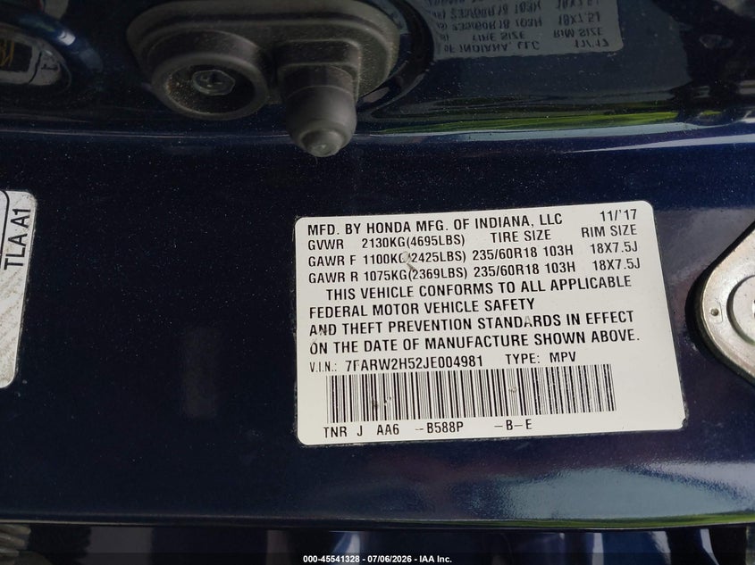 2018 Honda Cr-v VIN 7FARW2H52JE004981 IAAI salvage auction — FRONT END, Salvage (Ohio), sold $5,900 on 2026-07-21 (photo 9)