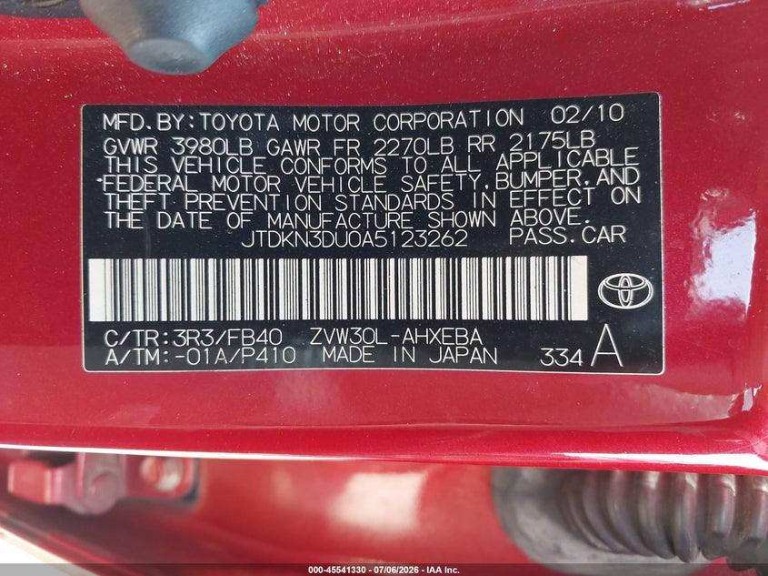 2010 Toyota Prius VIN JTDKN3DU0A5123262 IAAI salvage auction — NORMAL WEAR, Clear (Texas), sold $1,325 on 2026-07-09 (photo 9)