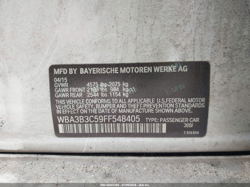 2015 BMW 3er VIN WBA3B3C59FF548405 IAAI salvage auction — LEFT FRONT, Salvage (Georgia), sold $475 on 2026-08-19 (photo 9)