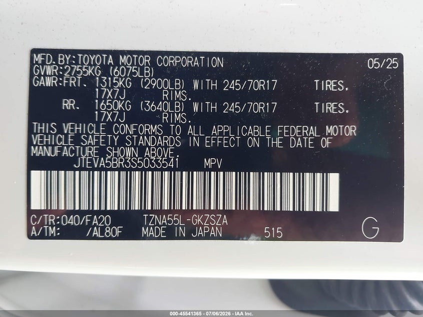 2025 Toyota 4runner VIN JTEVA5BR3S5033541 IAAI salvage auction — RIGHT FRONT, Clear (Michigan), sold $33,400 on 2026-07-16 (photo 9)