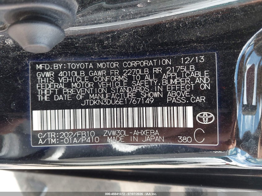 2014 Toyota Prius VIN JTDKN3DU6E1767149 IAAI salvage auction — FRONT END, Salvage Title, sold $900 on 2026-07-29 (photo 9)