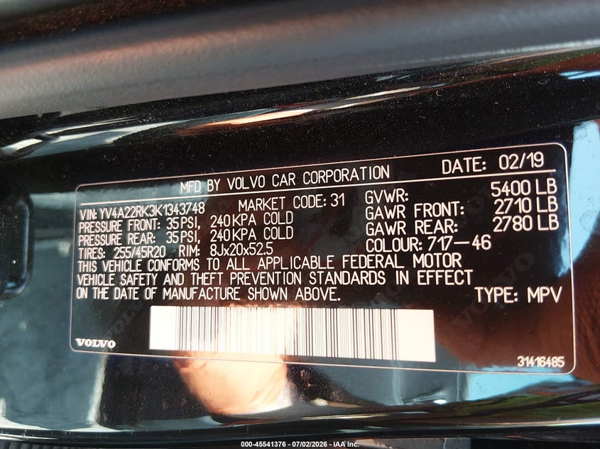 2019 Volvo Xc60 VIN YV4A22RK3K1343748 IAAI salvage auction — ROOF, Salvage Title, sold $5,900 on 2026-08-09 (photo 9)