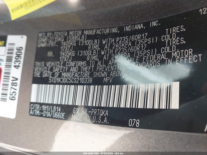 2012 Toyota Sienna VIN 5TDYK3DC5CS210338 IAAI salvage auction — NORMAL WEAR, Clear (Virginia), sold $1,000 on 2026-07-27 (photo 9)